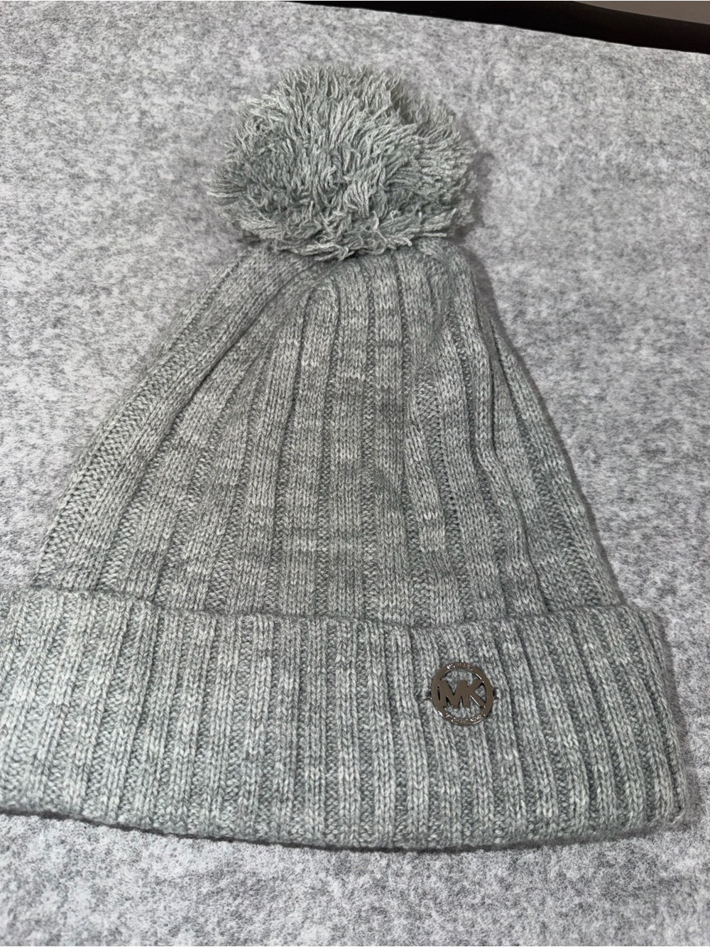 Michael Kors Light Gray Ribbed Pom Pom Beanie